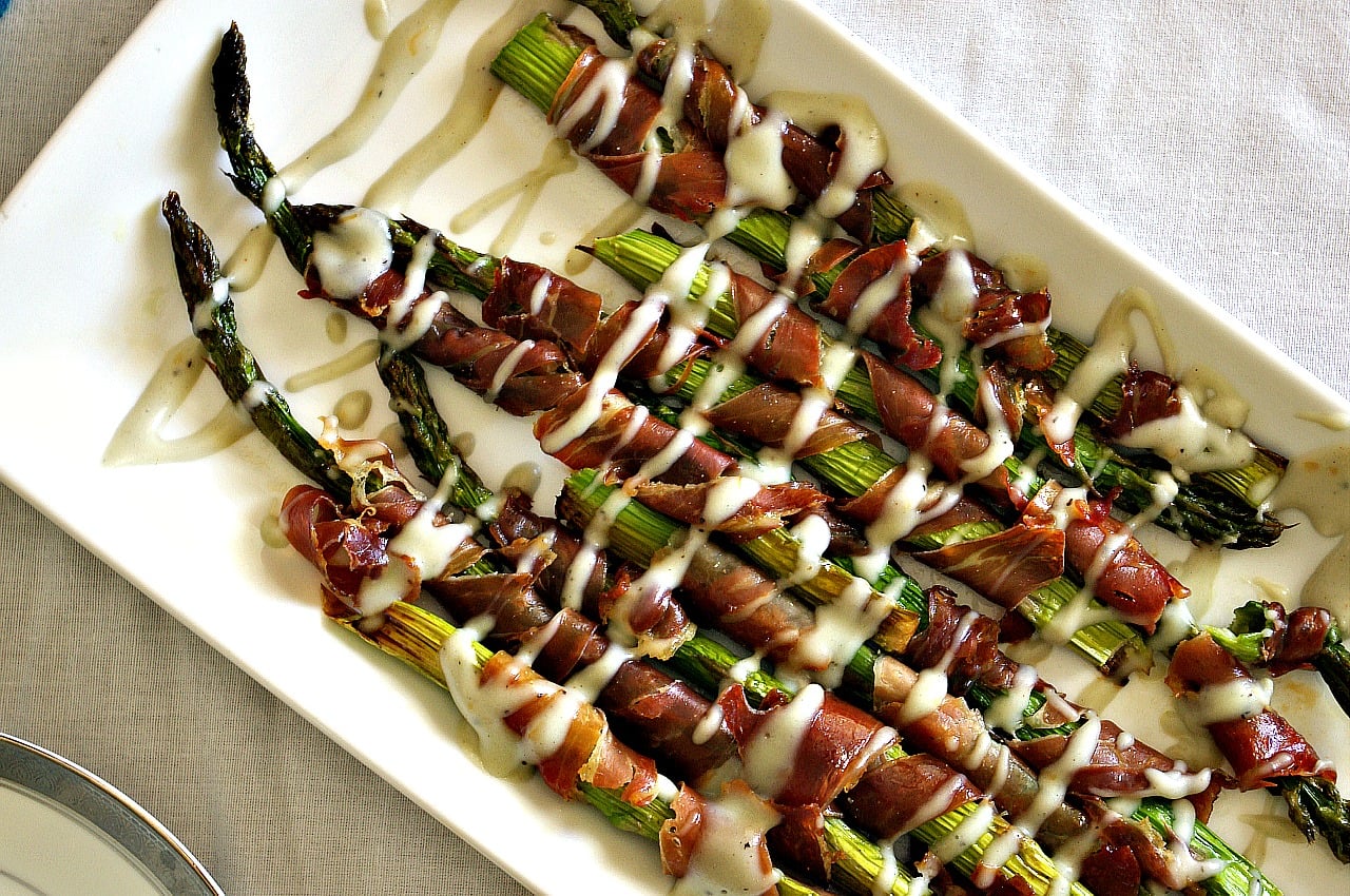 Home 21 Prosciutto Wrapped Asparagus with Gruyere Sauce