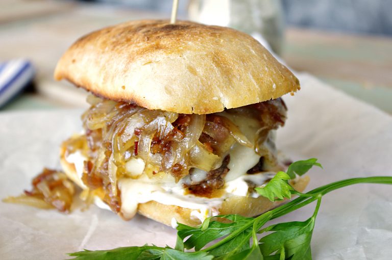 Home 19 Bacon Onion Jam Burger with Havarti Cheese and Jalapeno Mayo