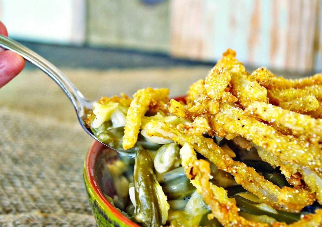 Slow Cooker Green Bean Casserole - Crunchy Creamy Sweet