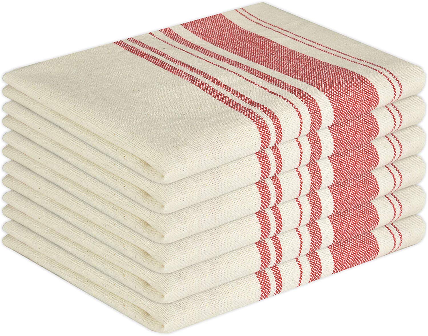Glamburg Vintage Stripe Premium Cotton Kitchen Dish Towels 6-Pack 16x26  Red, With Hanging Loop