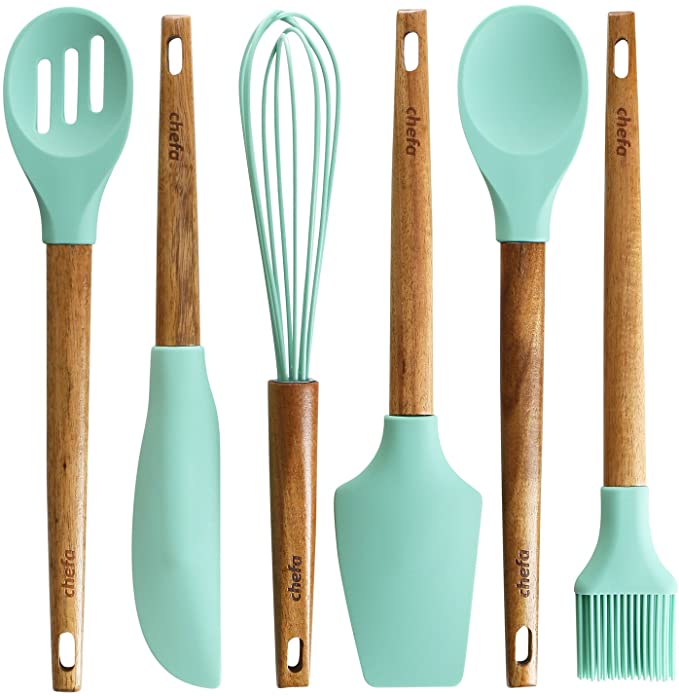 Silicone Baking Utensils - Balloon Whisk, Slotted & Solid Kitchen Spoon,  Spatula, Long Scraper And Pastry Brush, Acacia Hard Wood Handle