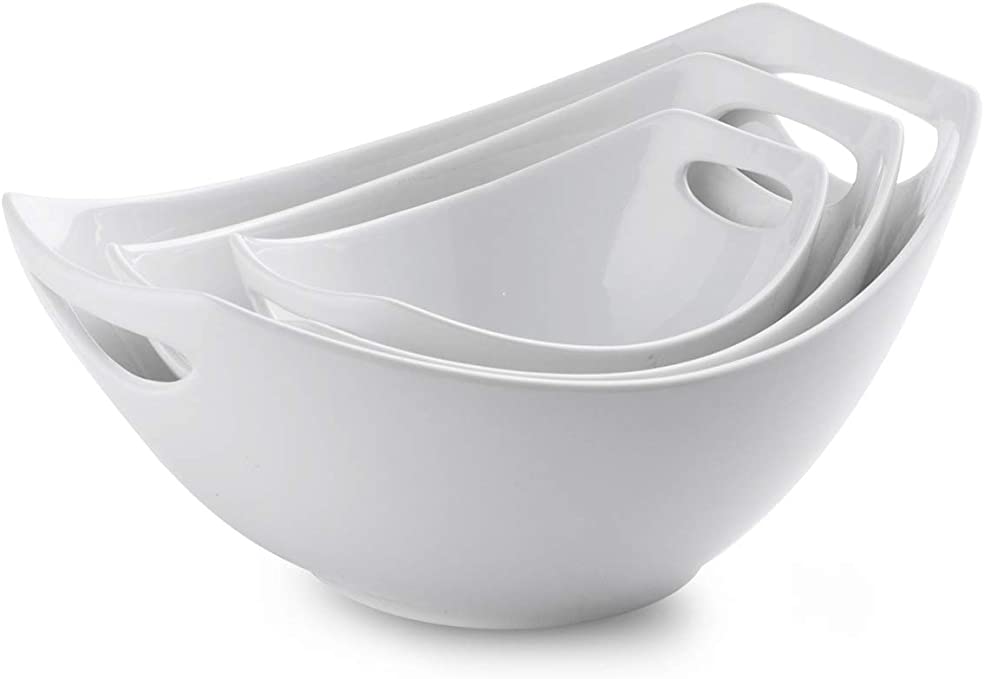 Porcelain Serving Bowl Set With Handles 3 Packs Ceramic Mixing Bowl Set For  Kitchen Nesting Bowl Set